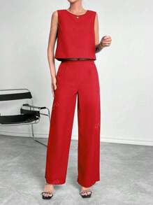 2 Stücke Frühling/Sommer 2025 Europäischer und Amerikanischer Mode Damen einfarbiges minimalistisches Pendler-Set, Rundhals-ärmelloses Crop Top kombiniert mit hochbundigem weitem Beinhose mit Taschen