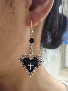 Gothic Style Cross, Heart, Rose Flower, Bow Knot, Thorn Pendant Black Beaded Y2K Hoop Earrings For Women - Silver - View 2