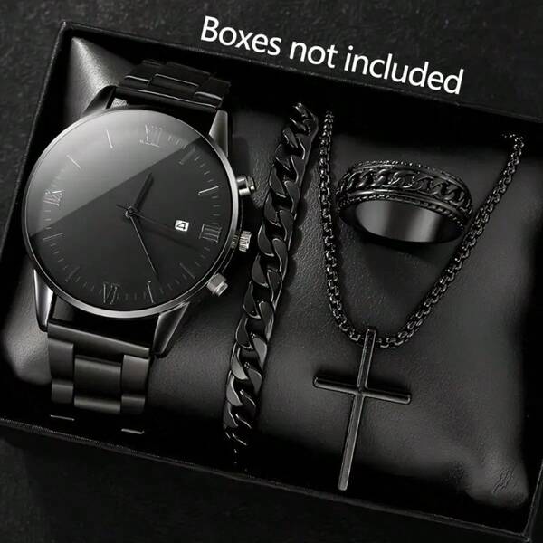 1/3/4pcs/Set Black Cross Chain Bracelet, Ring, Watch Jewelry Set For Men, Business/Formal Gift (Ring Style Random)