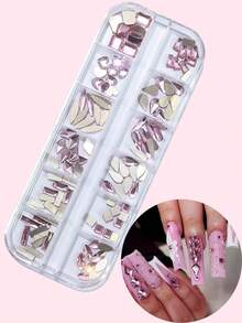 1 Box Nail Art Studs Flat Rhombus Water Drop Heart Bow Square Crystal Rhinestones, 12 Grids Ultra Sparkly Nail Gems Nail Supplies Nails Nail Charms
