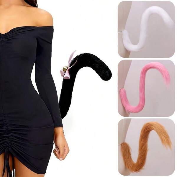 Adjustable Cat Tail For Lolita Fashion - Faux Fur Long Costume Tail With Comfort Waist Strap, Halloween Cosplay Party Accessory, Christmas Carnival Bar Nightclub Prop In Blue & More Colors