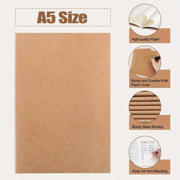 10pcs A5 Brown Kraft Paper Notebooks, 8.3x5.5 Inch Blank Pages Diary, Matte Finish, Dotted Grid, Suitable For Work, Art Camps, Travelers, Office Supplies - Perfect Christmas Gift, Travel Journal | Blank Notebook | Dotted Grid Notebook, School Supplies,Back To School
