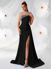 ADYCE Robe longue à fente ouverte avec dos nu, taille haute et décoration de strass, pour le bal de promo, les soirées, les cérémonies, les invités de mariage