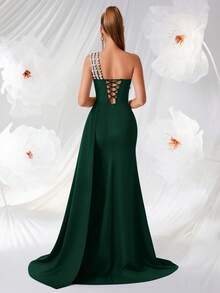 ADYCE Elegant Handmade Rhinestone Strapless High Waist Long Satin Dress, Side Slit Backless Design, Suitable For Party Dress, Prom, Birthday Party, Formal Dinner, Date, Homecoming, Wedding Guest, Formal Gala, Family Gathering And Other Occasions., Valentine's Day - Dark Green - View 2