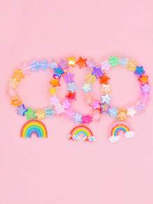 Set de 3 piezas Pulseras para niñas con cuentas en forma de estrella de cinco puntas arcoiris, aptas para uso diario
