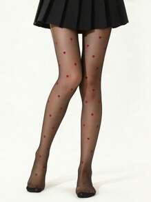 2 Pairs Women's Sexy Red Heart & Black Sheer Stockings/Pantyhose, Breathable Knit Fabric, Casual Wear, Spring/Summer/Autumn