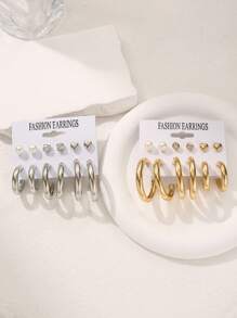 Juego de 24/12 pares de aretes elegantes y de moda para mujeres, aretes de aro lisos de metal minimalistas, aretes tipo botón con forma de corazón de perla falsa, apropiados para uso diario, citas y fiestas, regalo ideal para días festivos