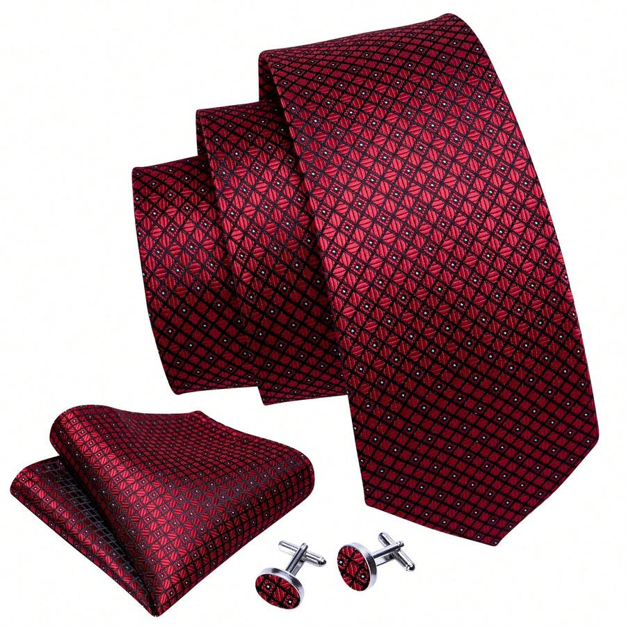 Mens Tie Fashion Designer Red Necktie Handkerchief Cufflinks Set - Red - View 1