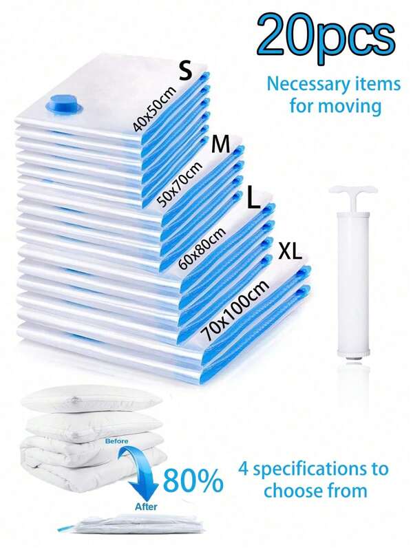 20/5/1pcs Reusable Vacuum Storage Bags, Travel & Home Compression Bags With Hand Pump, Save Up To 80% Space For Coats, Shirts, Quilts, Pants, Home, Dorm, Closet, Bedroom, Bathroom, Travel Essentials, Moving, Back To School Season