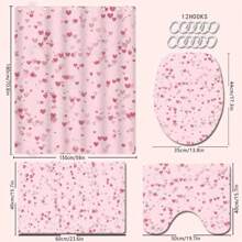 4 Stücke rosa Herz Thema Badezimmer Vorhang Set, Badematte, U-förmiger Toilettendeckel, wasserdichter Duschvorhang, dekorativer Badezimmer Raumteiler Vorhang, moderner Stil, ohne Bohren erforderlich, maschinenwaschbar, Badezimmer Accessoires, Rückfahrt zur Schule Badezimmer Dekoration