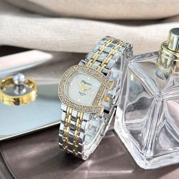1pc Women's Stylish Horseshoe Crystal Inlaid Alloy Case Leaf Textured Sophisticated Dial Elegant Quartz Watch, European And American Fashion