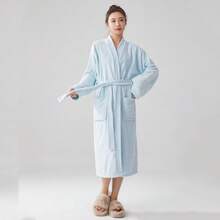 1pc Plush Robe, Shawl Collar Long Robe, Coral Fleece Bathrobe, Warm Fuzzy Robe For Adults Men Women, Hotel/Spa Use, All Season, Absorbent & Quick Dry, Loose Fit, Multiple Colors, Minimalist Design, Bathroom & Home Essentials