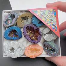 9pcs Natural Crystal Stone Healing Energy Quartz Geode Agate Cluster Raw Stone Set, Electroplated Agate Geode Colorful Asymmetric Cavity Rock Loose Specimen Mineral Education Display Gift For Friends - Multicolor - View 11