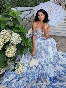 Wedding Chiffon Ditsy Floral With White Lining, Strapped, Padded A-Line Bridesmaid Dress - Blue and White - View 3