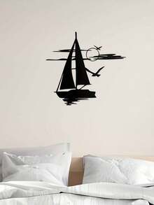 1 件大型黑色金属船和日落剪影墙饰 - 鼓舞人心的海景装饰，适合家庭、办公室、咖啡厅；圣诞节、新年、周年纪念、沿海家居装饰的理想礼物 - 黑色 - 查看 3