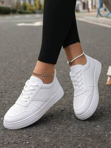 Nuevos tenis blancos de moda para mujer, planos con suela gruesa, con cordones, transpirables y cómodos para uso casual y deportivo