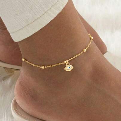 1 件简约时尚彩色密镶锆石金色不锈钢串珠链女式脚链