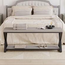 Industrial Wood Entryway Bench Indoor Farmhouse Hallway Accent Entry Bench For Seating Sitting With Storage Metal Shoe Rack Grey Bench Organizer In Foyer Bedroom Light Grey Oak 47 Inch Long - LightGreyOak - View 7