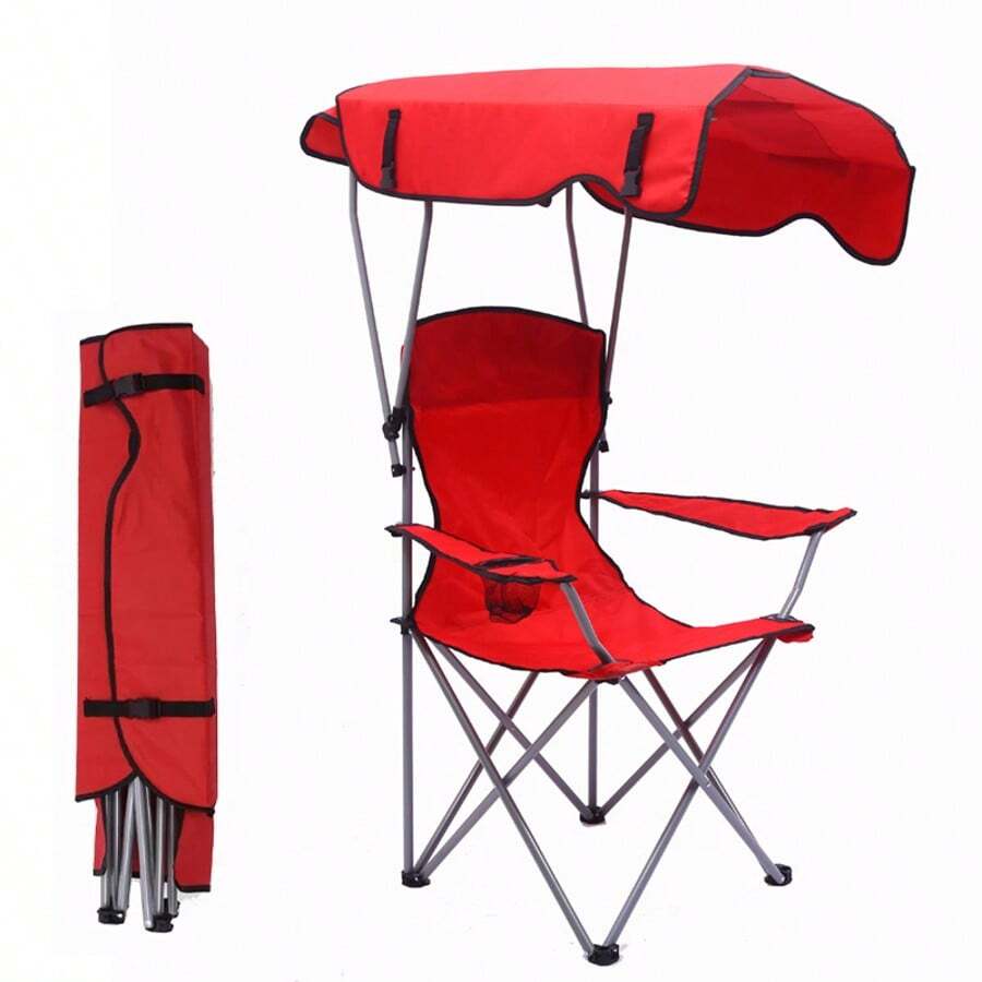 Folding Beach Chair With Shade Canopy And Carry Bag, Outdoor Sun Protection Portable Chair, Garden Seaside Fishing Camping Chairs - Red - View 1