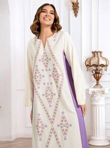 Abito lungo con scollo a V e maniche lunghe con stampa floreale per donne