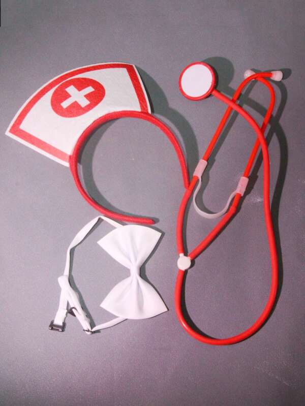 3 Stücke Krankenschwester Kostüm Set mit Stirnband, Stethoskop und Schleifen Dekor, Blumenmuster PVC Material, geeignet für Valentinstag Rollenspiel, Cosplay, ganzjährig (Paar, Rollenspiel, Krankenschwester Kostüm) Halloween