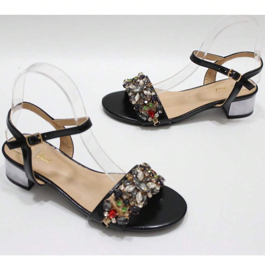 Fashionable Shallow Gold Rhinestone Chunky Low Heel Sandals For Women For Spring And Summer - Black - View 1