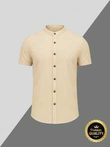 Men's Shirt Priest Collar Short Sleeve Premium Quality Social Casual - 米色 - 查看 4