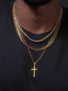 3pcs Men's Fashionable Versatile Simple Cross Chain Necklace - Yellow Gold - View 1