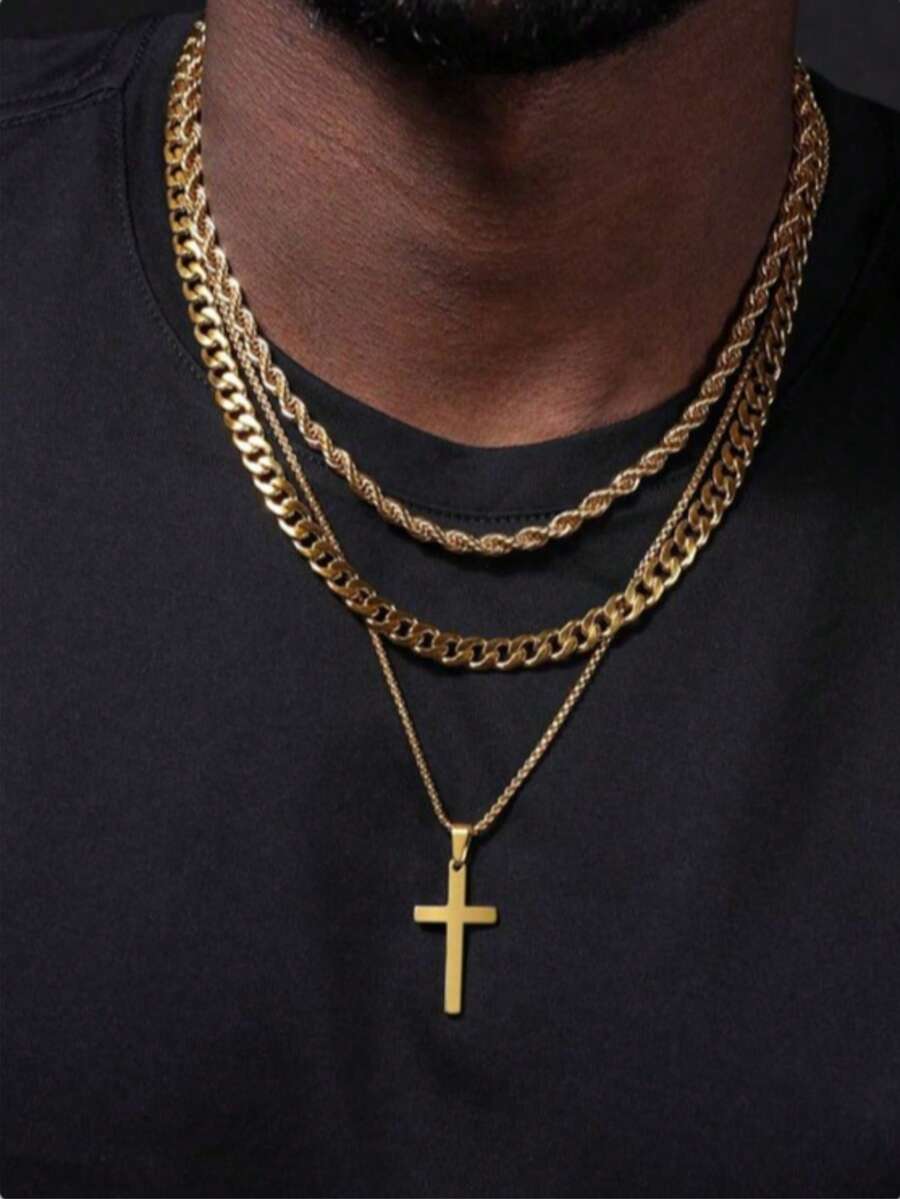 3pcs Men's Fashionable Versatile Simple Cross Chain Necklace - Yellow Gold - View 1