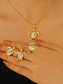 Set de 3 piezas con colgante, pendientes y anillo con estampado de tortuga marina, en estilo de playa, accesorios de moda para mujer, apropiado para la playa, vacaciones, fiesta y uso diario