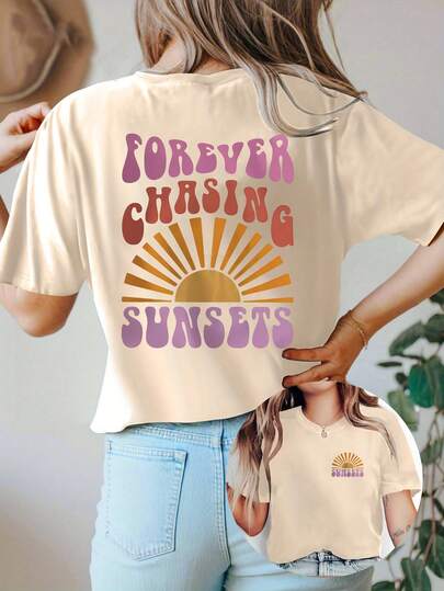 Women's Summer FOREVER CHASING SUNSETS" Sun Pattern Graphic T-Shirt,Casual Comfort Top Daily Wear,Graphic Tee