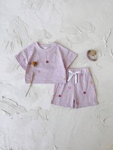 Bộ 2 áo thun ngắn tay thêu hoa và quần short thường ngày cho bé gái, mùa hè - Hồng - Xem 8