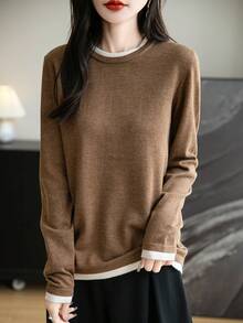 Áo thun cổ tròn bằng len Merino dành cho nữ, kiểu dáng cổ điển mùa thu; Áo len mùa đông dành cho nữ, kiểu dệt kim cổ điển ấm áp tay dài. - màu nâu - Xem 6