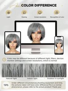 Tóc giả Bob xám nhiều lớp sang trọng dành cho nữ Tóc giả Bob xám muối tiêu thẳng có mái Tóc giả màu đen pha xám Tóc giả tổng hợp trông tự nhiên để sử dụng hàng ngày - Xám - Xem 8