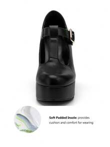 Women's T-Strap Round Toe Platform Heels Chunky Heel Patent Mary Jane Dress Shoes Christmas Gift & New Year Gift - 酷黑 - 查看 3