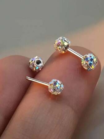 1 Pair 925 Silver Double Ended Super Shiny Rhinestone Ball Stud Earrings, Luxury Screw-Back Earrings, Elegant And Versatile Earrings Gift