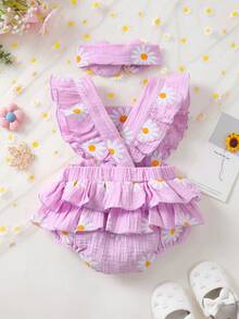 Bộ áo liền quần tay lửng + băng đô hoa cúc dễ thương cho bé gái - Màu tím hoa cà - Xem 6