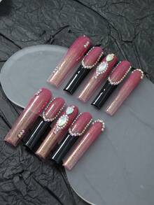 10 peças de unhas postiças artesanais, unhas rosa, strass, adesivos, faça você mesmo, suprimentos para unhas, unhas postiças, estilo francês, bailarina extra longa, unhas postiças com cobertura total estilo flor, estilo garota atraente, atualize seu visual, adequado para festas/festivais de música e uso diário, viagens para mulheres/meninas, festa