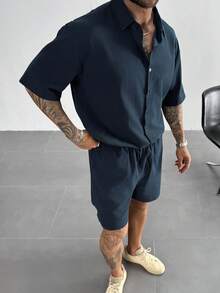 Men's Drop Shoulder Shirt, 100% Cotton Short Sleeve Shirt, Solid Color Loose Fit Turndown Collar Shirt, Breathable Business Casual Office Wear, Vacation Casual Gift, Gift For Dad, Retro Black Shirt