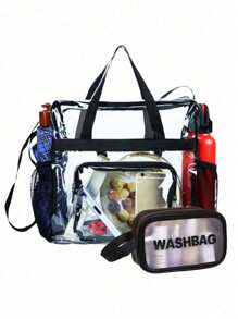1/2pcs/Set Large Beach Transparent Iridescent Beach Bag, Tote Bag For Women , Waterproof Sandproof Beach Bag With Zipper Pouch Transparent Laser Pouchtote Bag, For Vacation, Holiday, Travel, Beach, Swimming, Pool, Cruise, Boat Bag,Birthday Gift, Party Gift