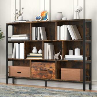 10 Cube Storage Bookshelf,3 Tier Modern Wide Bookcase With Legs,Mid-Century Wood Bookshelves Storage,Brown Large Book Case,Freestanding Organizer Display Shelf For Bedroom,Living Room,Office