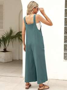 Women's Summer Cotton Linen Bib Bodysuit Loose Sleeveless Adjustable Wide Leg Jumpsuit - Màu xanh ngọc - Xem 2