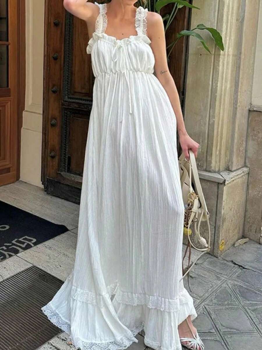 Summer Casual Dress For Women Y2k Long Tank Dress Vintage Maxi Dress Lace Trim Ruffle Hem Sundress Tie Front V Neck Dress Sleeveless Backless Empire Waist Dress Evening Party Club Dress Beach Vacation Clothes Streetwear Aesthetic Clothes - trắng - Xem 1