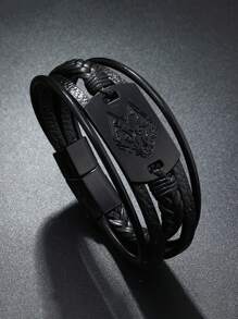 1pc Punk Style Men's Leather Bracelet, Alloy Magnetic Wolf Head Woven Leather Cord Bracelet, Jewelry Gift