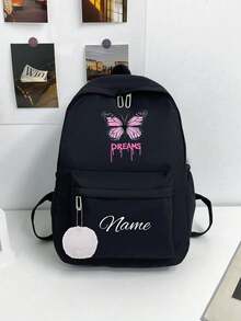 Customizable Name Or Holiday Greeting Fitness Backpack For Back To School Season. New Arrival, Casual And Versatile, Cute Butterfly Print, Nylon Zipper Material. You Can Customize Name, Letter, Lucky Number, Etc. Can Be Given As A Birthday Gift To A Friend's Daughter, Also As A Commemorative Bag, Gift, Anniversary Present. - Pink Butterfly + White Fur Ball Pendant - View 3