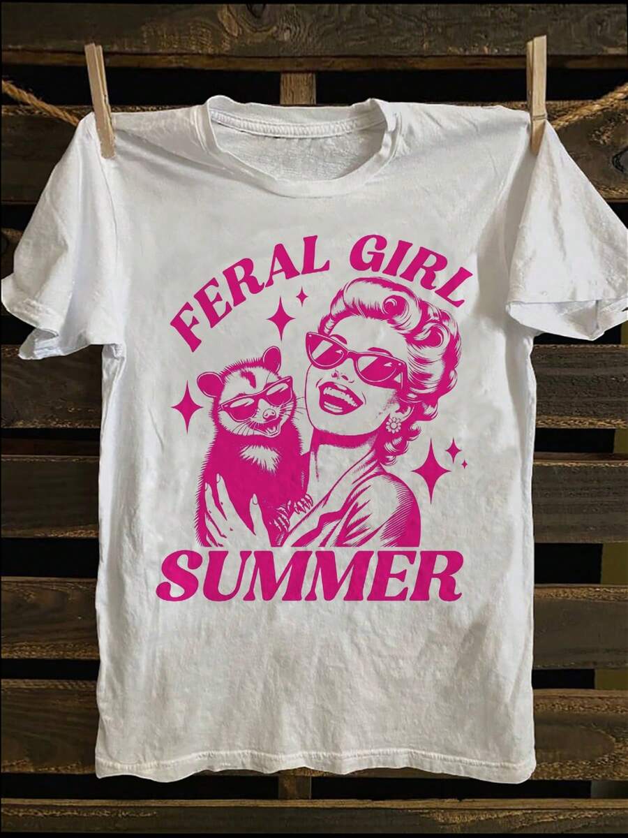 Front Feral Girl Pattern Print Round Neck Short Sleeve T-Shirt Top Comfortable Breathable Fabric Leisure Sports Style Men's 100% Cotton Street Wear T-Shirt (Choose A Larger Size To Get A Loose Effect) - trắng - Xem 1