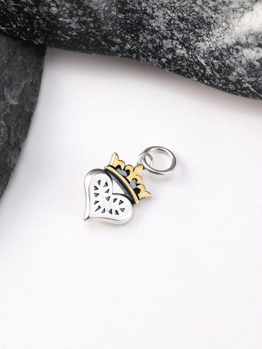 1 件轻奢高级纯银 925 双色银和金心形皇冠吊坠，镂空吊坠热销且用途广泛 - 銀色 - 查看 1