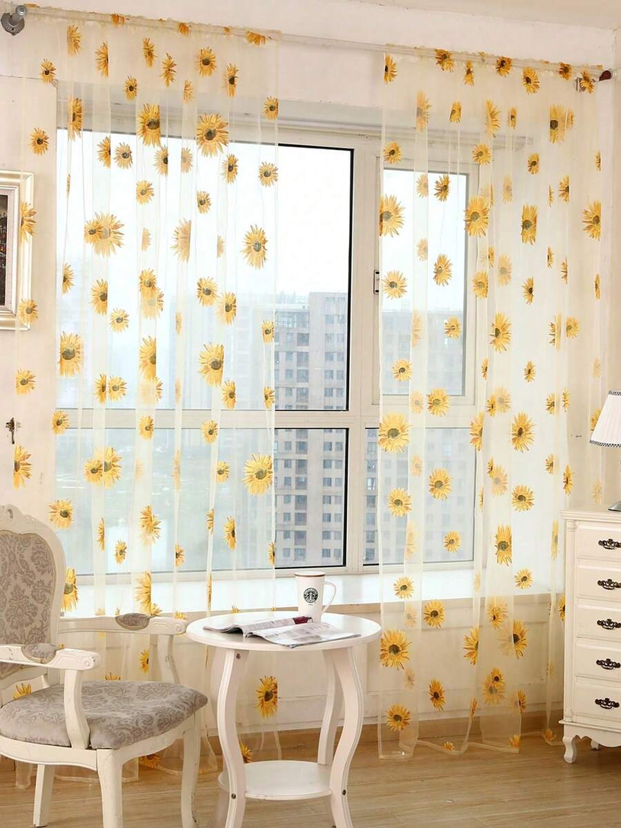 1件简约时尚经典向日葵薄纱窗帘，透气性好，适用于阳台、卧室、客厅 - 彩色 - 查看 1