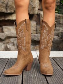 2024 Spring/Fall New Plus Size Women's V-Cut Pointed Toe Chunky Heel Embroidery Western Cowboy Boots, Outdoor Fashion Slip-On Mid-Calf Boots