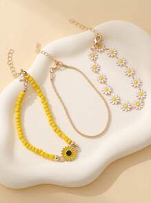 3pcs/Set Oil Drop Flower Design Sunflower Pearl Bracelets, Cute Bohemian Style Daisy Bracelets For Girls
